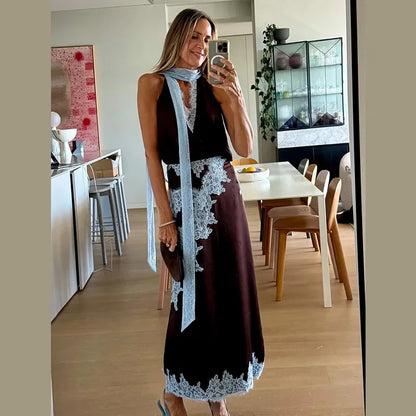 Traje de falda larga de encaje de retales