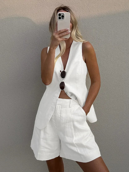 Conjunto de pantalones cortos y chaleco informal elegante de algodón y lino