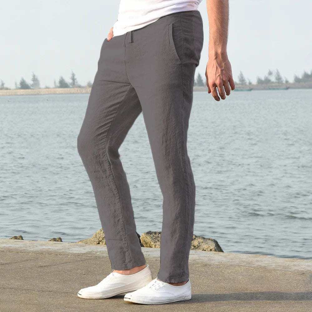 Pantalones de lino y algodón color solido