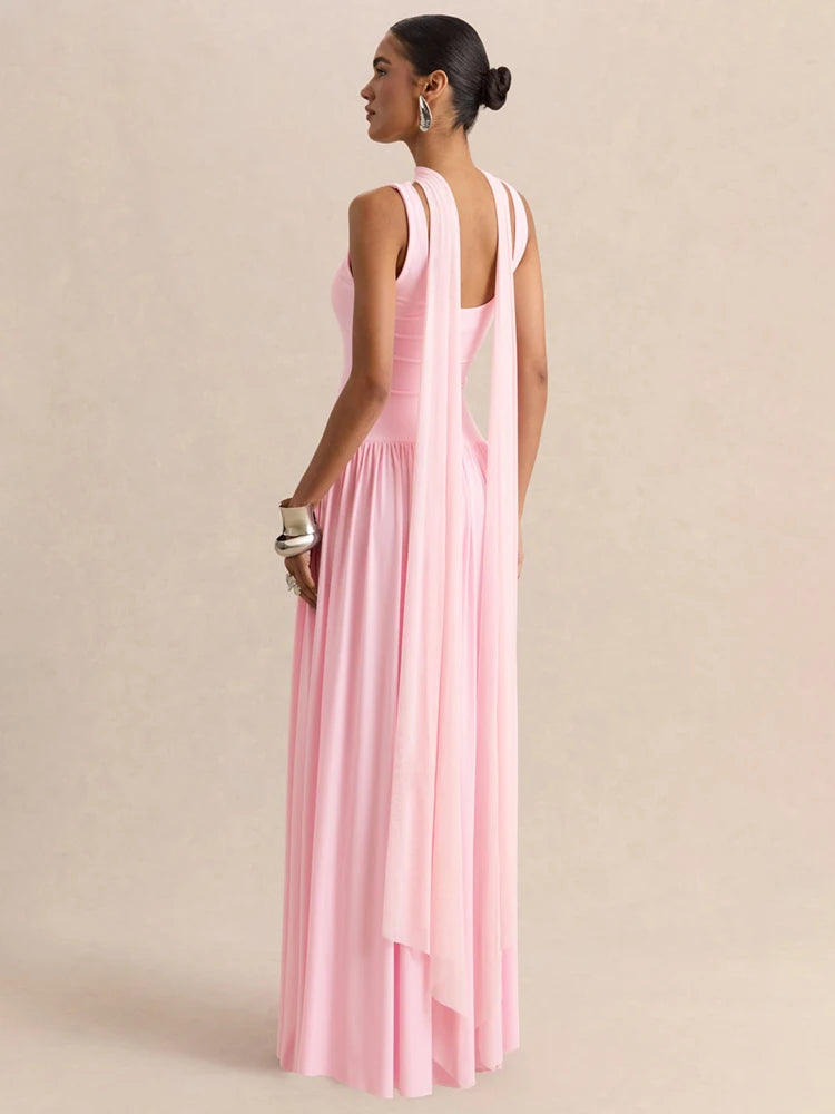 vestido largo sin mangas con cuello en U