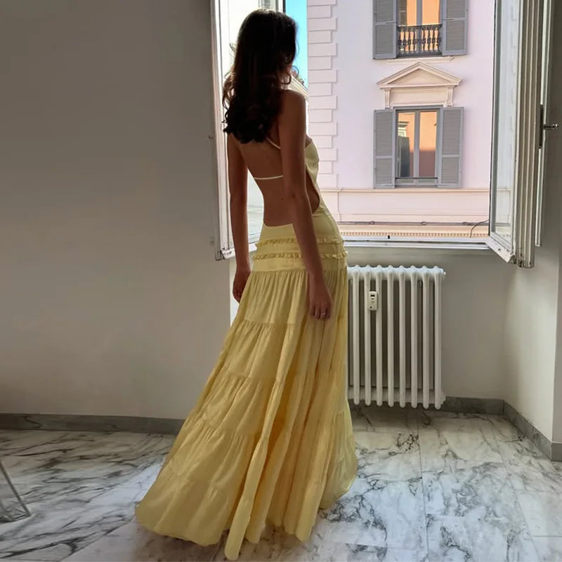 vestido espalda descubierta Sexy volantes elegante plisado Maxi