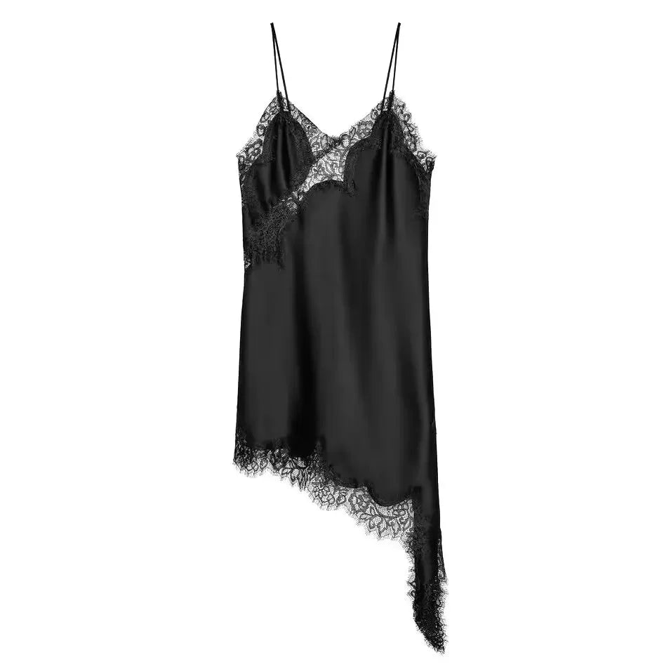 vestido transparente de encaje empalmado de satén