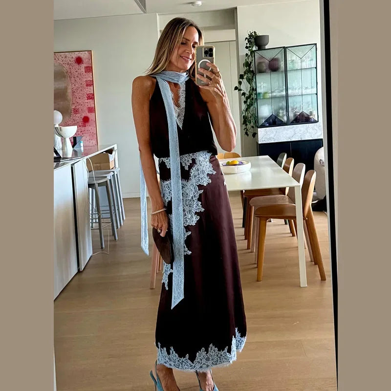 Traje de falda larga de encaje de retales