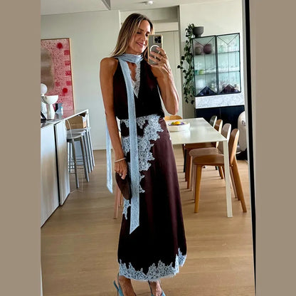 Traje de falda larga de encaje de retales