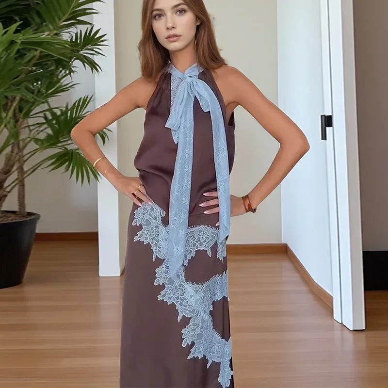 Traje de falda larga de encaje de retales