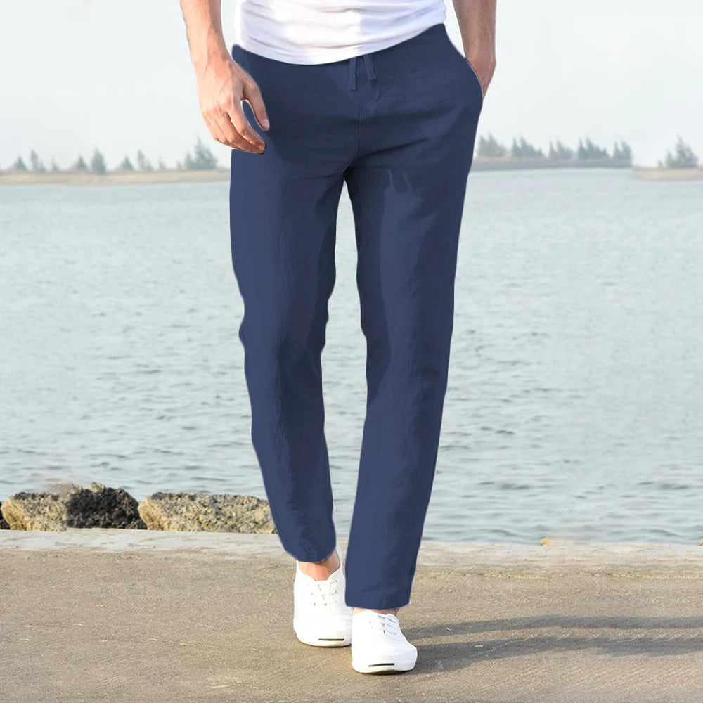 Pantalones de lino y algodón color solido