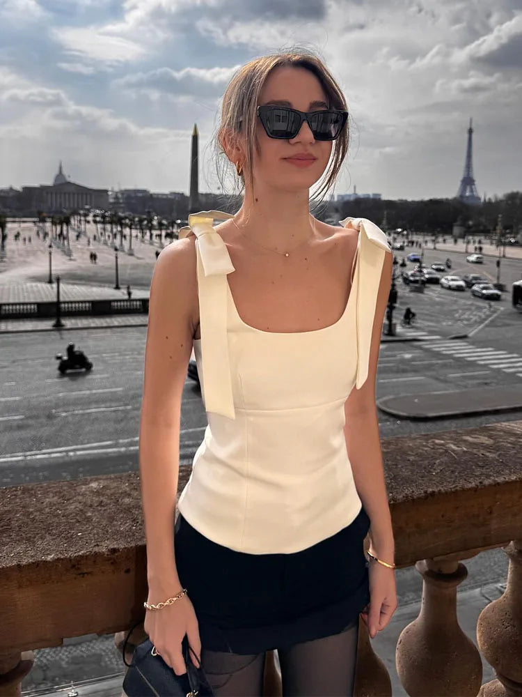 Women's Summer Sexy Sleeveless Bow Square Neck Tops