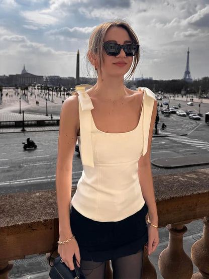 Women's Summer Sexy Sleeveless Bow Square Neck Tops