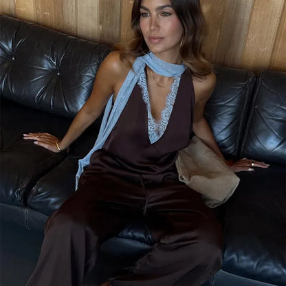 Traje de falda larga de encaje de retales