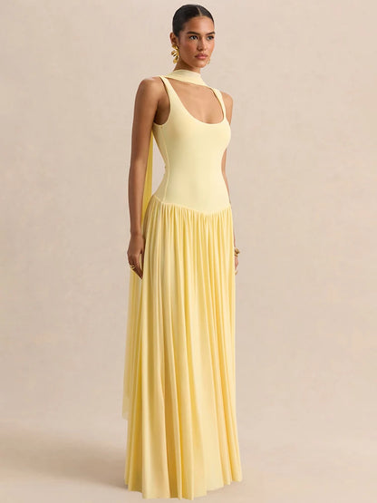 Vestido largo sexy sin espalda con cuello en U y pañuelo