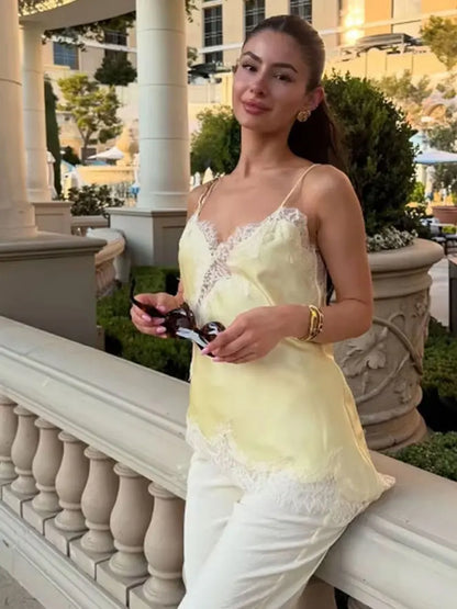 Lace-paneled camisole tops