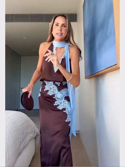 Traje de falda larga de encaje de retales