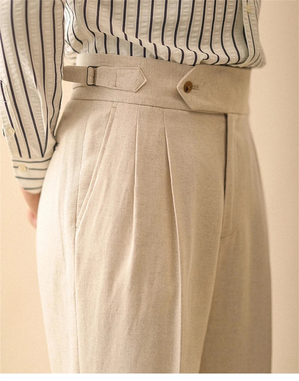 Pantalón recto de lino para hombre, pantalón de verano para caballero de negocios, Nápoles, hebilla de París, drapeado, pantalones de talle alto, pantalón Formal para hombre