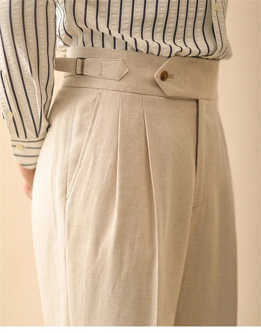 Pantalón recto de lino para hombre, pantalón de verano para caballero de negocios, Nápoles, hebilla de París, drapeado, pantalones de talle alto, pantalón Formal para hombre
