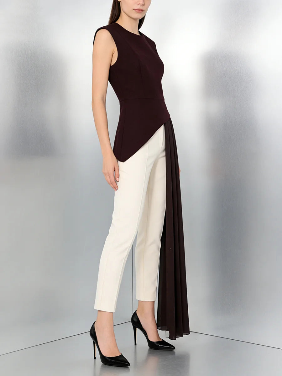 blusa elegante de cintura alta sin mangas con cuello redondo