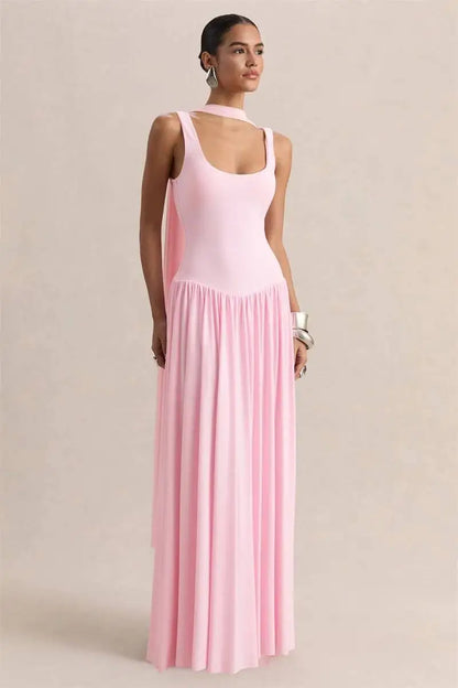 Vestido largo sexy sin espalda con cuello en U y pañuelo