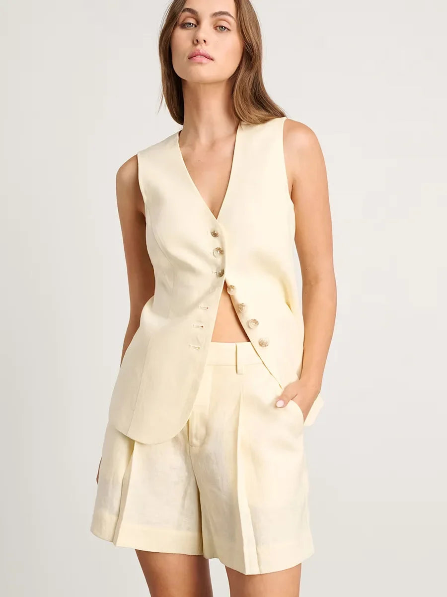 Conjunto de pantalones cortos y chaleco informal elegante de lino