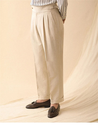 Pantalón recto de lino para hombre, pantalón de verano para caballero de negocios, Nápoles, hebilla de París, drapeado, pantalones de talle alto, pantalón Formal para hombre