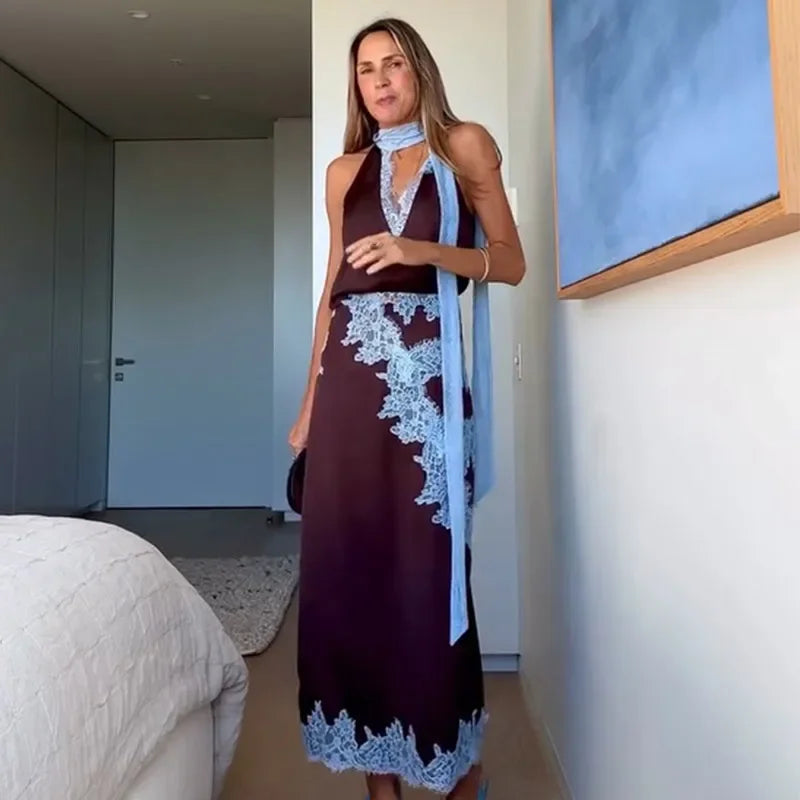 Traje de falda larga de encaje de retales