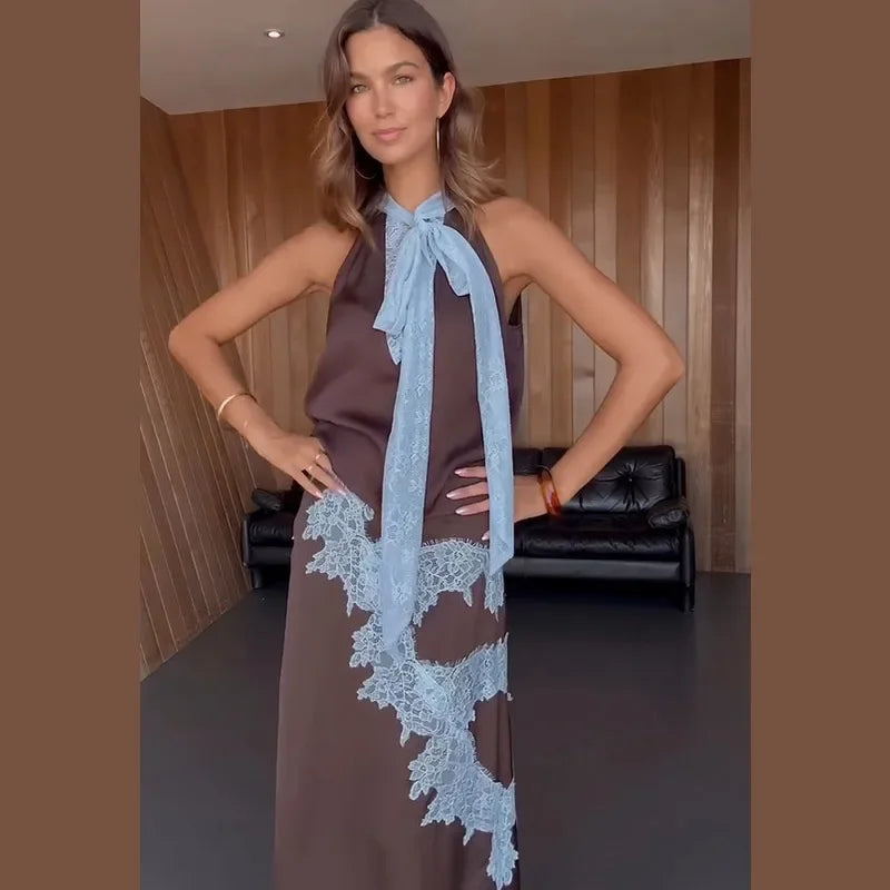Traje de falda larga de encaje de retales