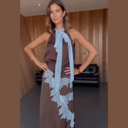 Traje de falda larga de encaje de retales