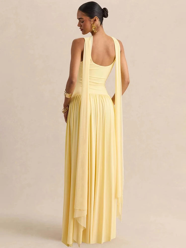 Vestido largo sexy sin espalda con cuello en U y pañuelo