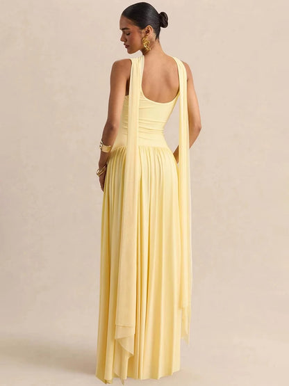 Vestido largo sexy sin espalda con cuello en U y pañuelo