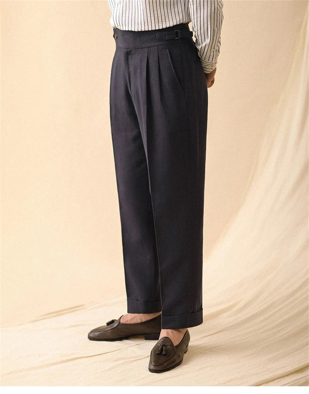 Pantalón recto de lino para hombre, pantalón de verano para caballero de negocios, Nápoles, hebilla de París, drapeado, pantalones de talle alto, pantalón Formal para hombre