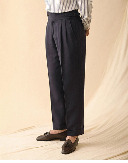Pantalón recto de lino para hombre, pantalón de verano para caballero de negocios, Nápoles, hebilla de París, drapeado, pantalones de talle alto, pantalón Formal para hombre