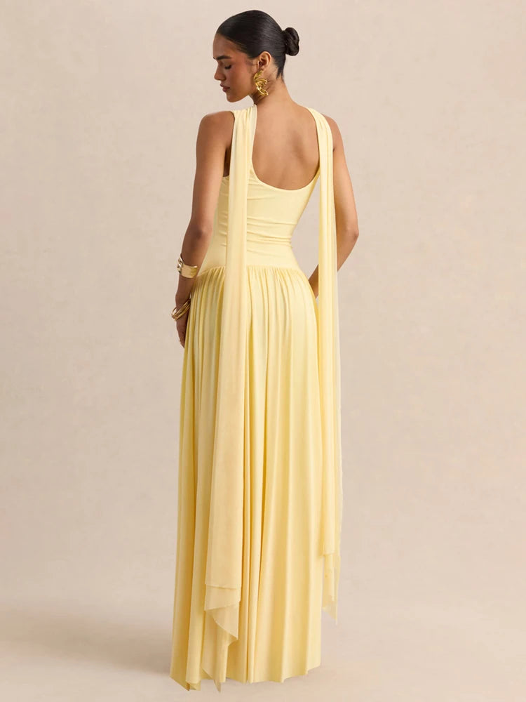 vestido largo sin mangas con cuello en U