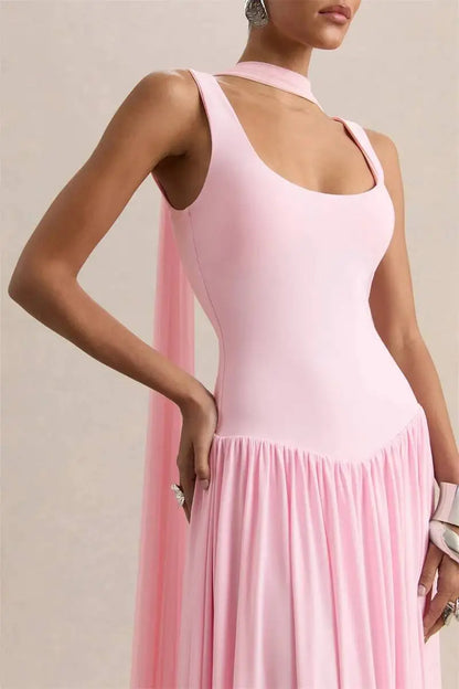 Vestido largo sexy sin espalda con cuello en U y pañuelo