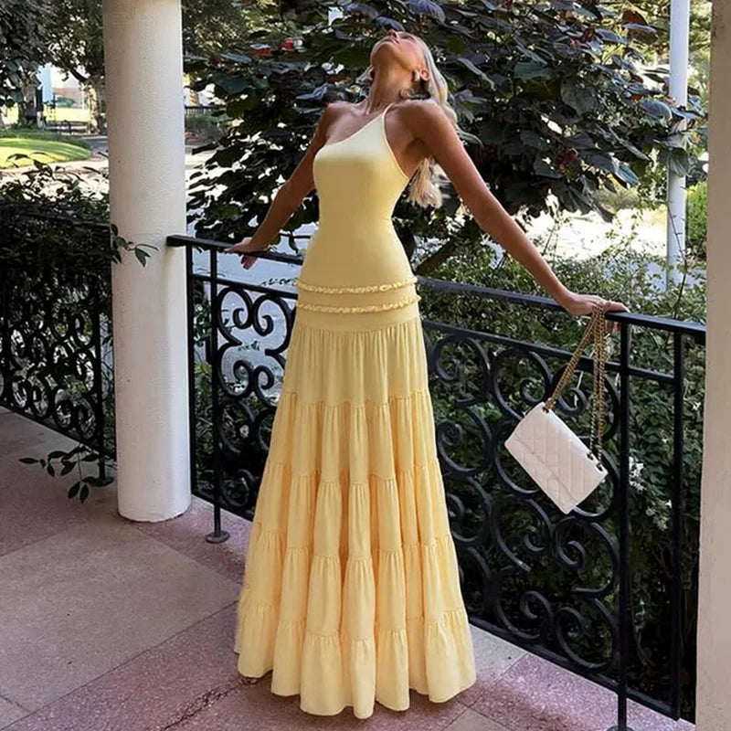 vestido espalda descubierta Sexy volantes elegante plisado Maxi