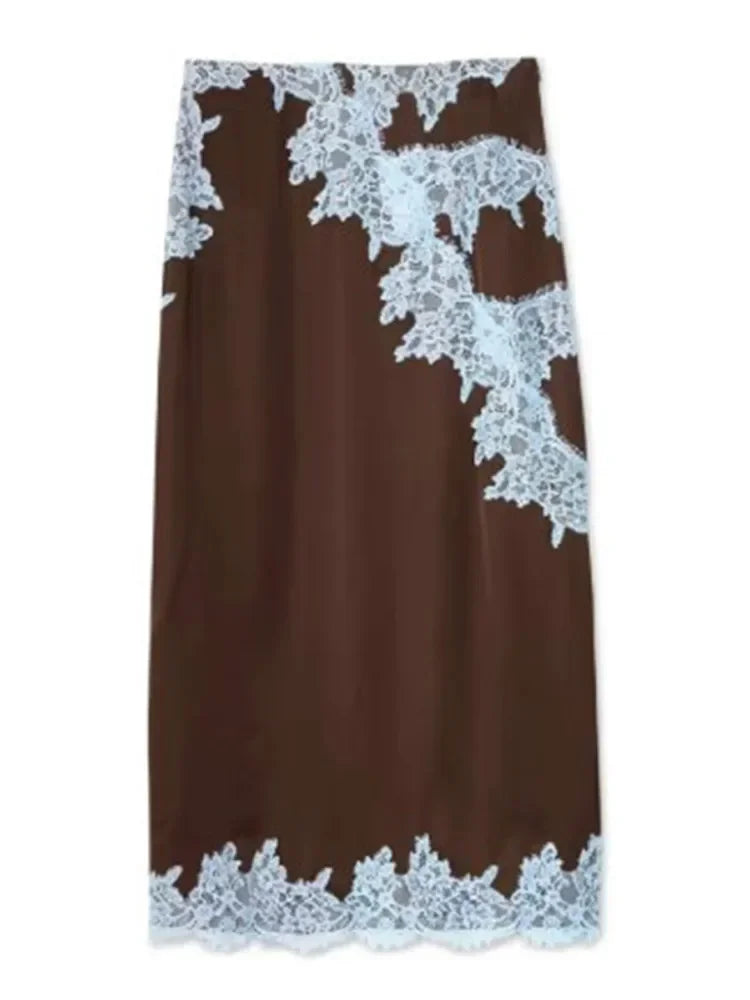 Traje de falda larga de encaje de retales
