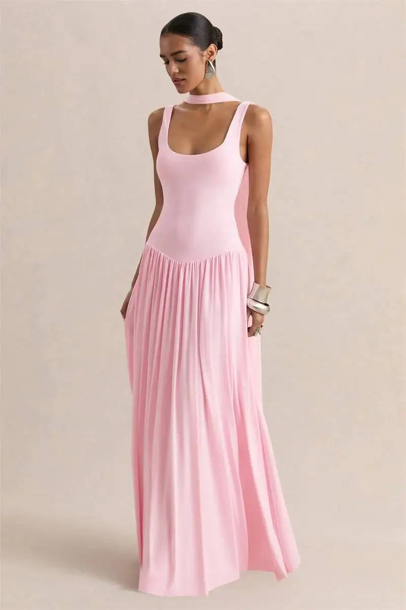 Vestido largo sexy sin espalda con cuello en U y pañuelo