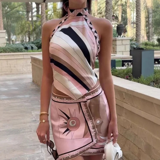 Conjuntos de minifalda con estampado Halter  Top Sexy sin mangas