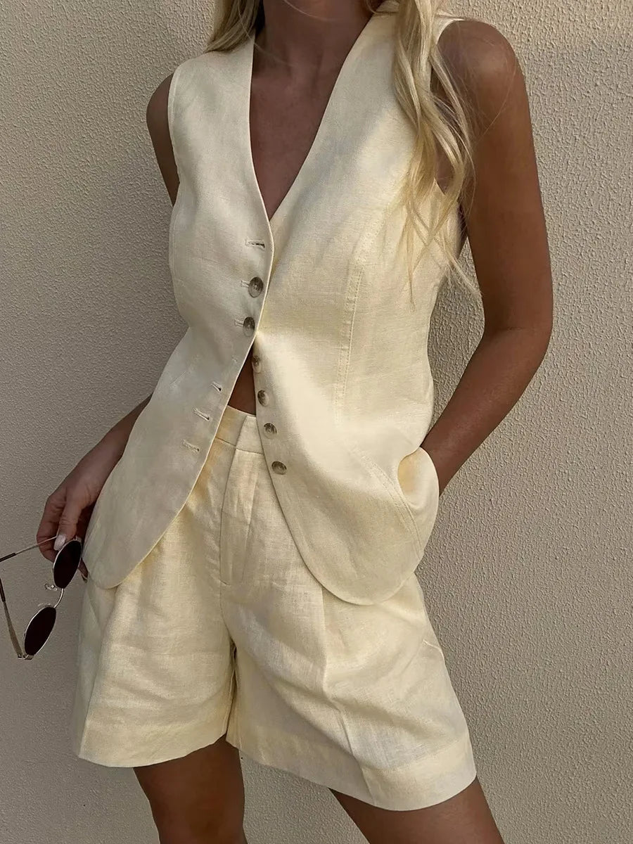 Conjunto de pantalones cortos y chaleco informal elegante de algodón y lino