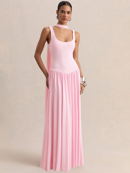 Vestido largo sexy sin espalda con cuello en U y pañuelo