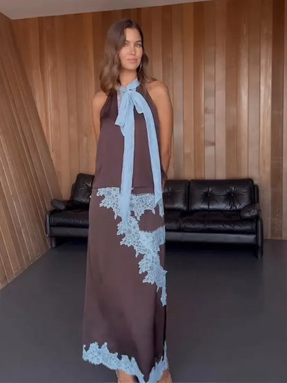 Traje de falda larga de encaje de retales