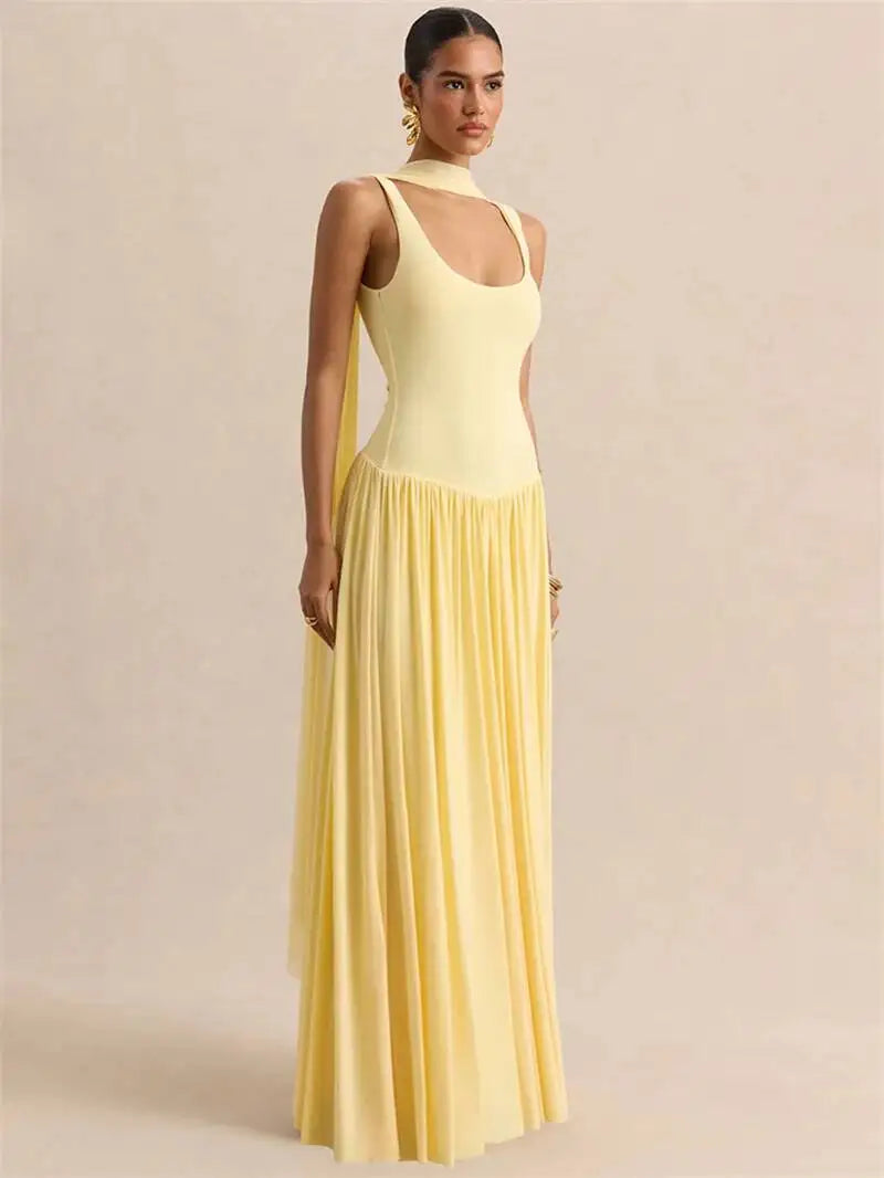 Vestido largo sexy sin espalda con cuello en U y pañuelo
