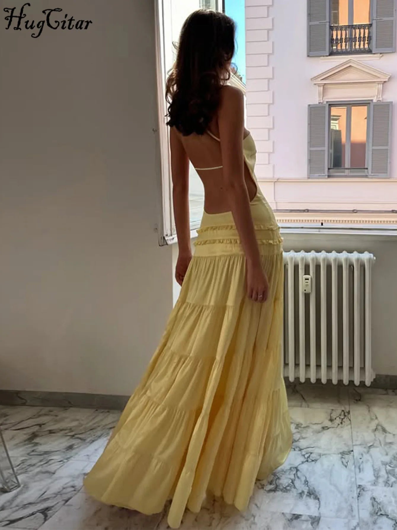 vestido espalda descubierta Sexy volantes elegante plisado Maxi