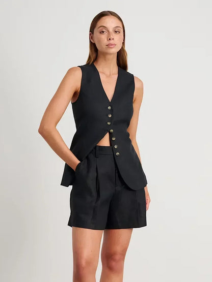 Conjunto de pantalones cortos y chaleco informal elegante de algodón y lino