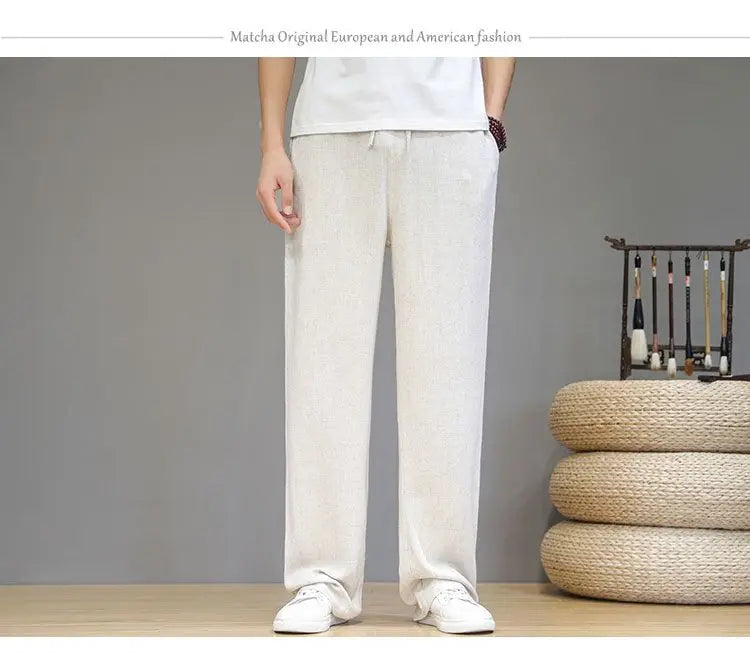 Pantalones de Lino para  Corte Recto, Cintura Elástica
