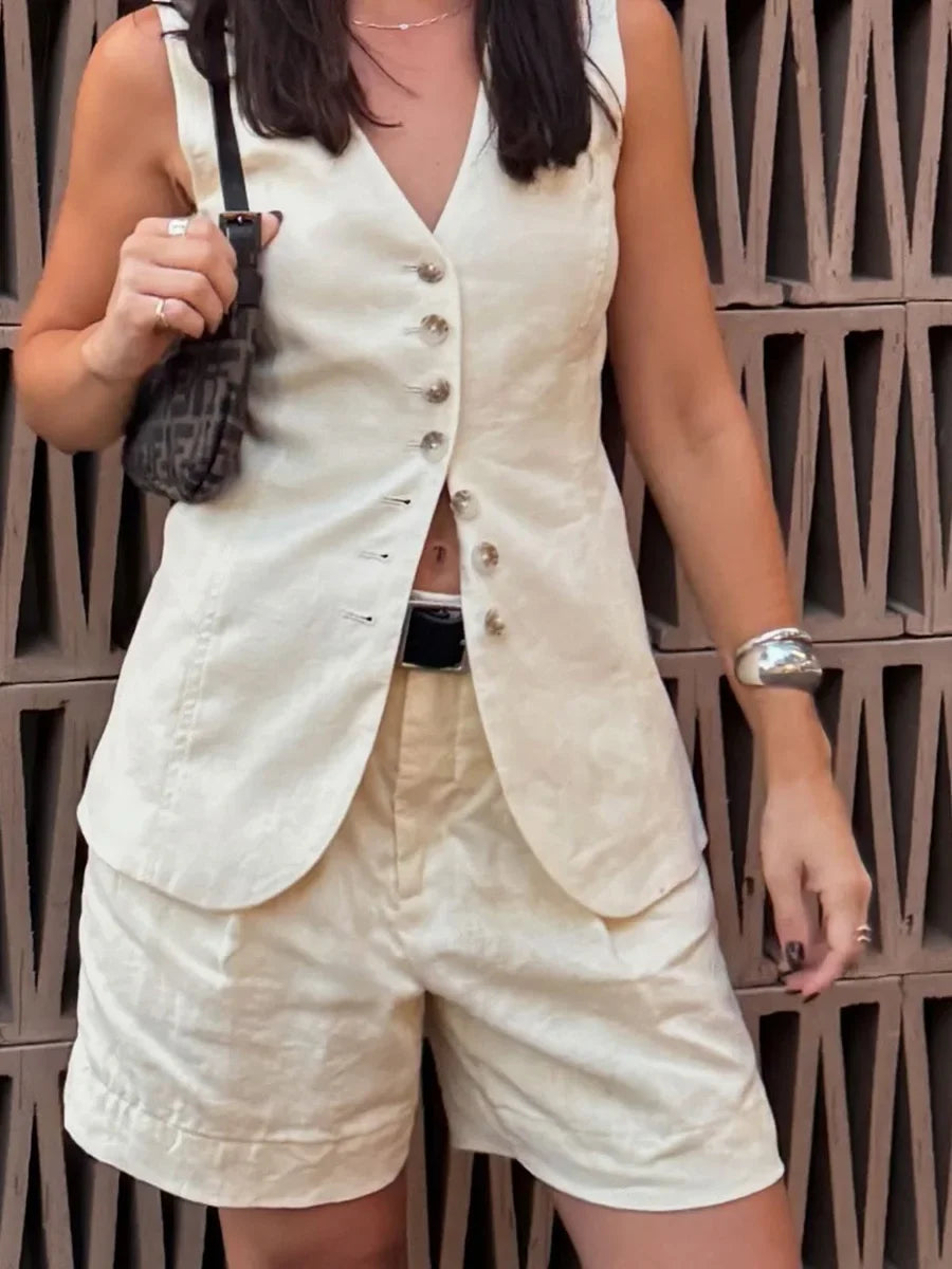 Conjunto de pantalones cortos y chaleco informal elegante de lino