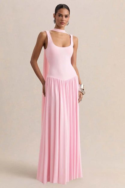 vestido largo sin mangas con cuello en U