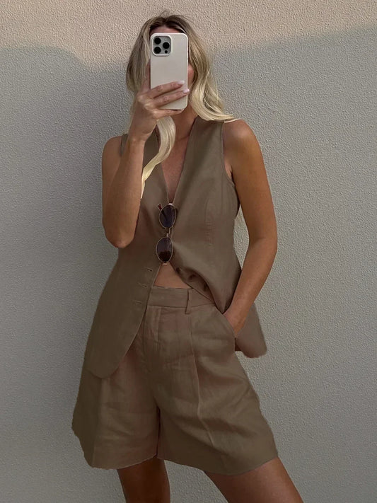 Conjunto de pantalones cortos y chaleco informal elegante de algodón y lino