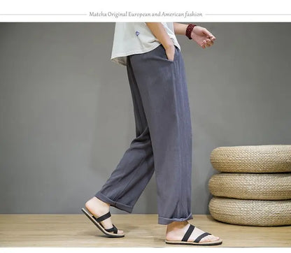 Pantalones de Lino para  Corte Recto, Cintura Elástica