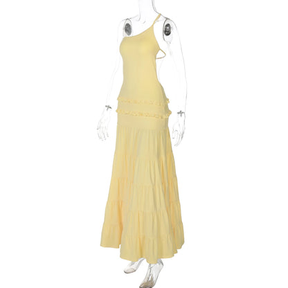 vestido espalda descubierta Sexy volantes elegante plisado Maxi