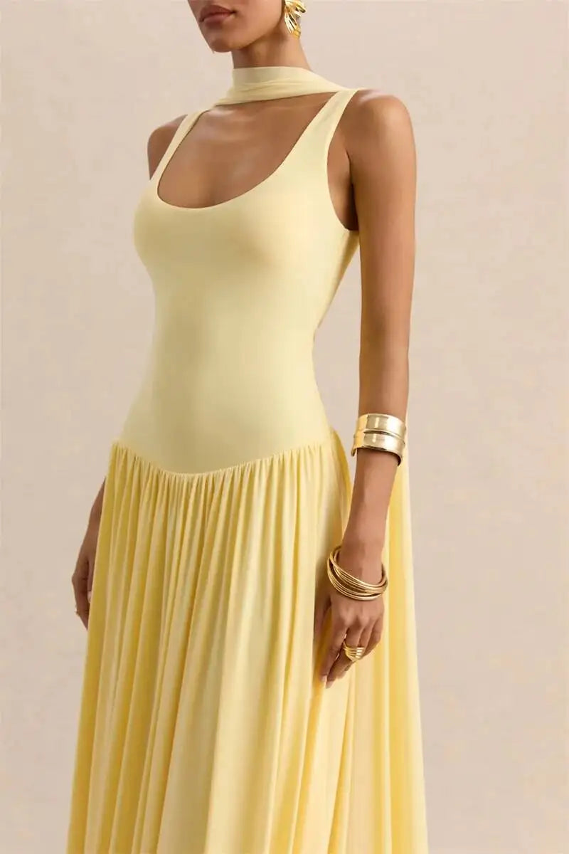 Vestido largo sexy sin espalda con cuello en U y pañuelo